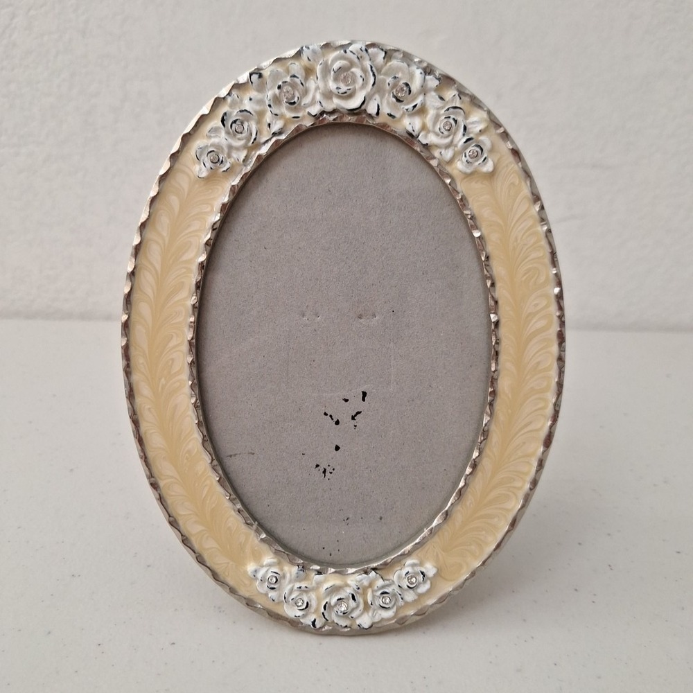 Vintage Ornate MCM 7.7" x 6" Picture Frame Ivory Enamel With Roses Silver Metal